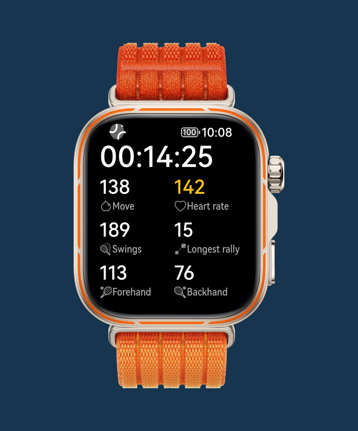 HUAWEI WATCH FIT 5 Pro front view, showing Tennis app integration for data tracking