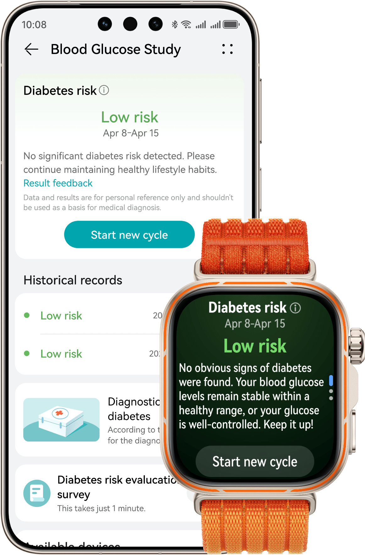 HUAWEI WATCH FIT 5 Pro and phone front view showing support for diabetes risk study