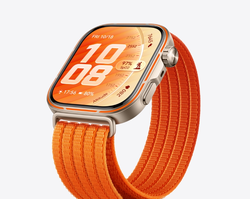 HUAWEI WATCH FIT 5 Pro in orange side view, showing premium materials