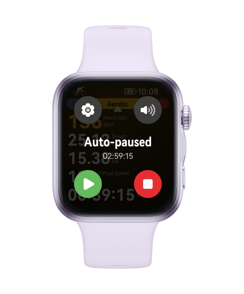 HUAWEI WATCH FIT 5 screen showing auto-detection of paused state during cycling