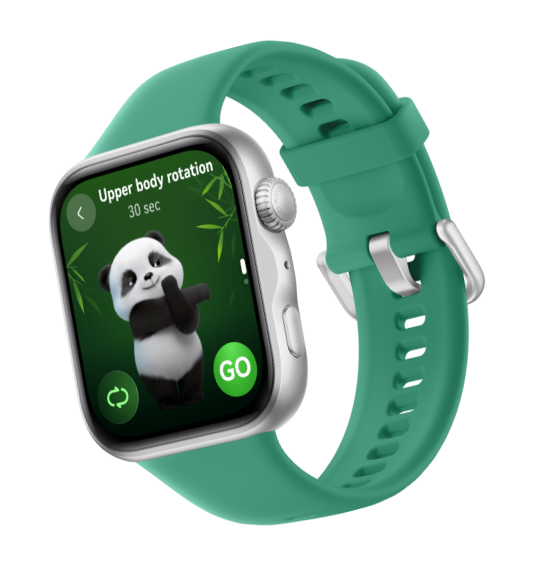 Three HUAWEI WATCH FIT 5 devices showing panda mini-workout interfaces