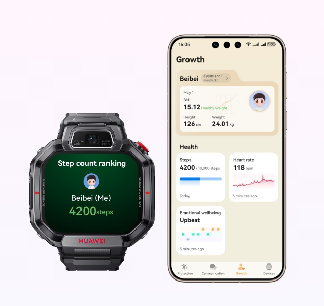 The Growth interface of the mobile phone, and the front view of HUAWEI WATCH KIDS X1 Pro, showing the sports functions