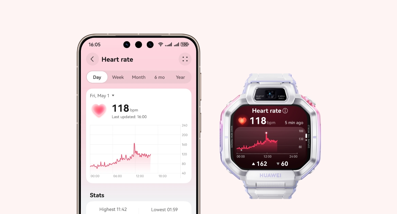 The mobile phone displays the heart rate interface, and the watch displays the heart rate curve, showing the heart rate monitoring function of HUAWEI WATCH KIDS X1 Pro
