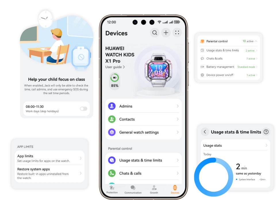 The Growth interface of the mobile phone shows the parental control function of HUAWEI WATCH KIDS X1 Pro
