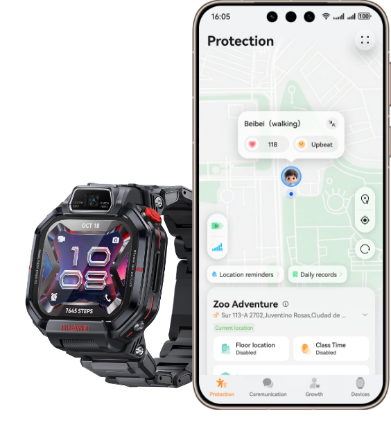 The mobile phone interface displays the child's activity trajectory, showing the real-time activity status function of HUAWEI WATCH KIDS X1 Pro
