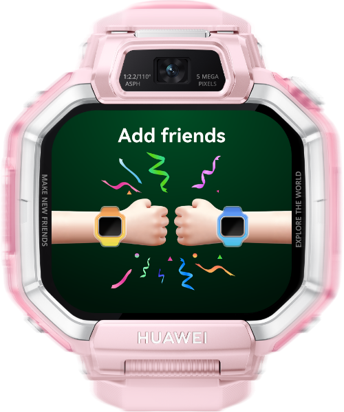 Front views of two HUAWEI WATCH KIDS X1 show the shake hand to add friends feature