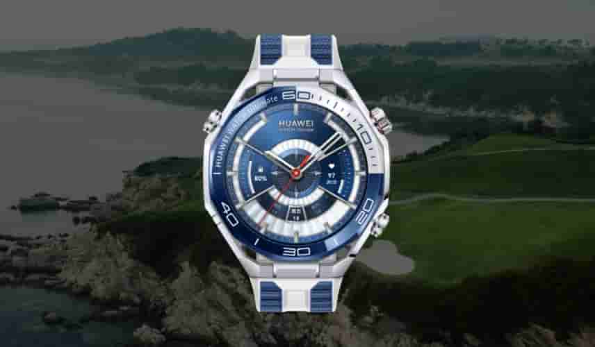 Golf Course mode on the HUAWEI WATCH Ultimate 2, showcasing seamless map zooming and animated ball trajectory sharing
