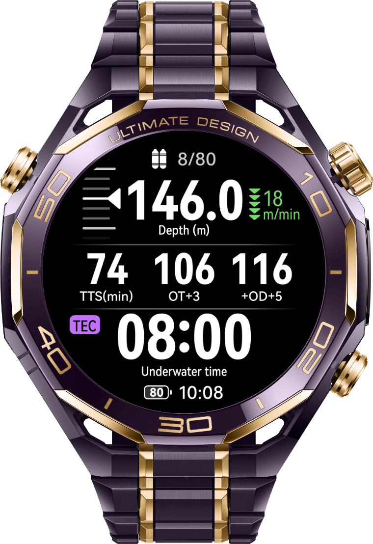 Diving features on HUAWEI WATCH ULTIMATE DESIGN Royal Gold Edition, particularly the remarkable capability to dive up to 150 meters deep