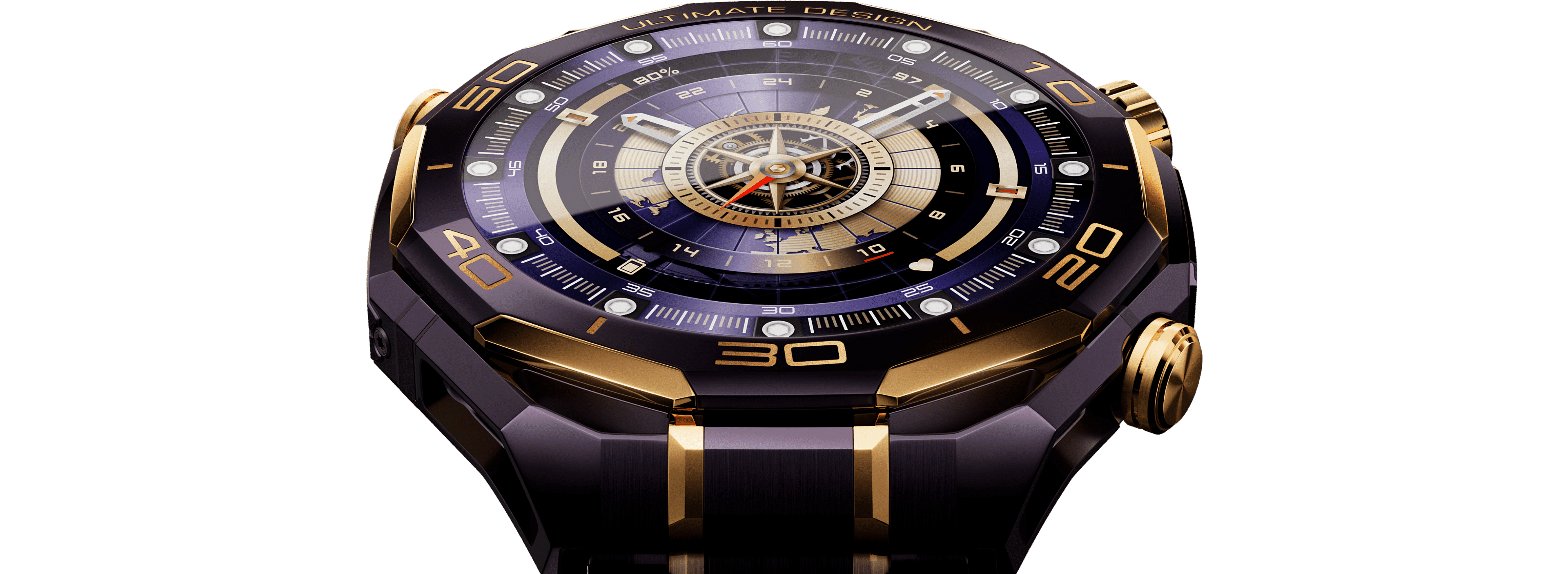 Sapphire glass screen of HUAWEI WATCH ULTIMATE DESIGN Royal Gold Edition, highlighting the intricate details