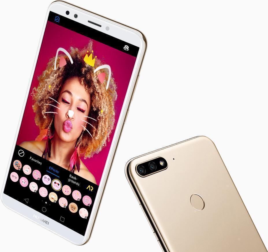 هاتف huawei y7 prime 2018 من الأمام والخلف باللون الذهبي وواجهة عدسات الواقع الافتراضي
