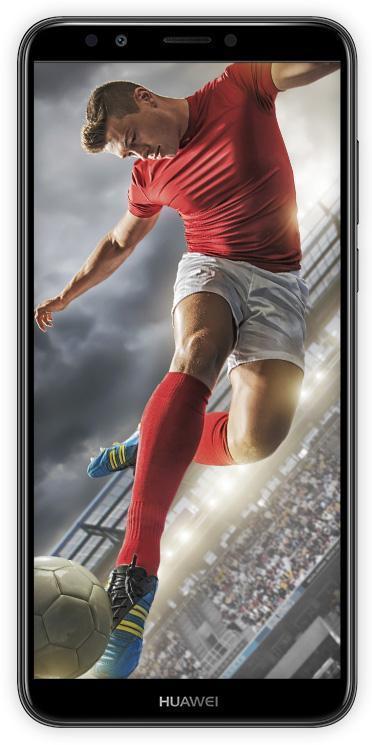 هاتف huawei y7 prime 2018 من الأمام باللون الأسود مع لاعب كرة قدم