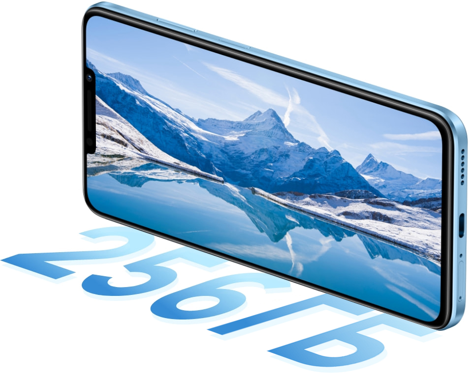 HUAWEI nova 14i front view with a wallpaper, show the 256 GB big storage