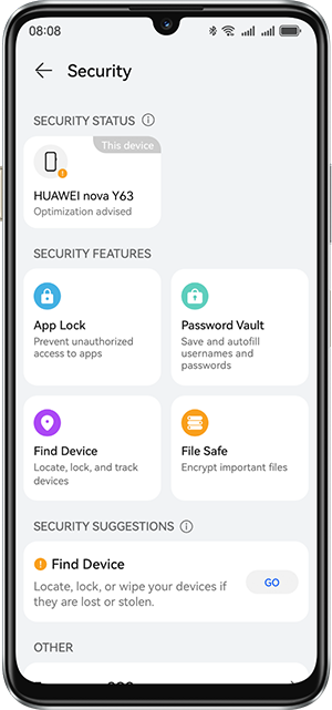 Security Center screen on HUAWEI nova Y63