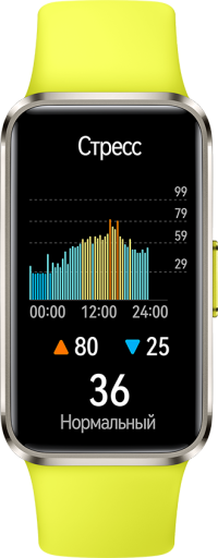 A front view of green HUAWEI Band 10, displaying the stress monitoring interface,which highlights the device's stress monitoring function