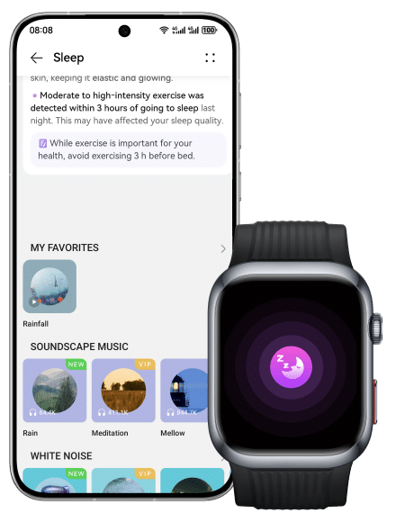 HUAWEI WATCH D2 and Huawei phone interface,showing the bedtime service feature